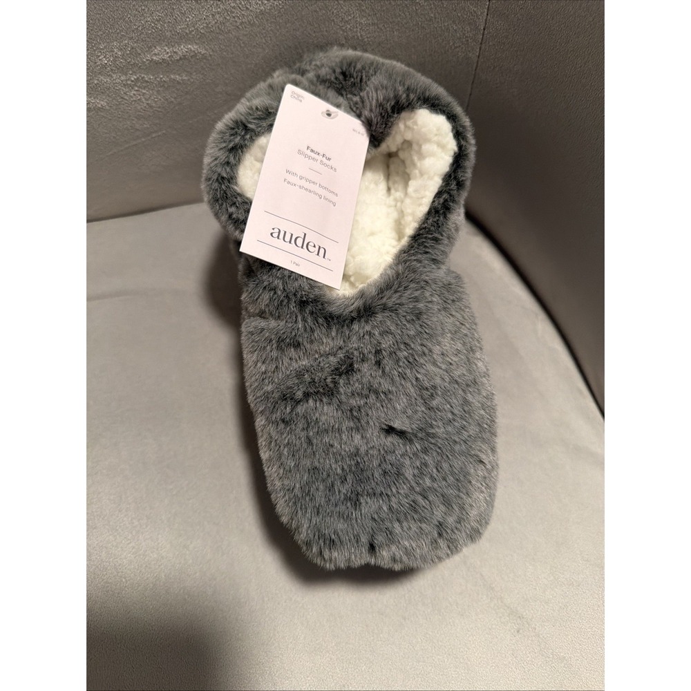 Auden Womens Faux Fur Slipper Socks M/L 8-10 Grippers Shearling Lined Gray NEW